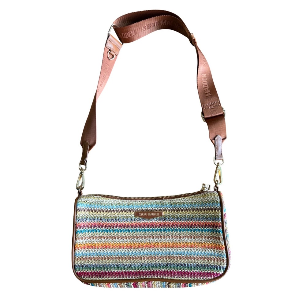 Steve Madden Multi Color Striped‎ Woven Straw Crossbody Bag Brown Logo Strap